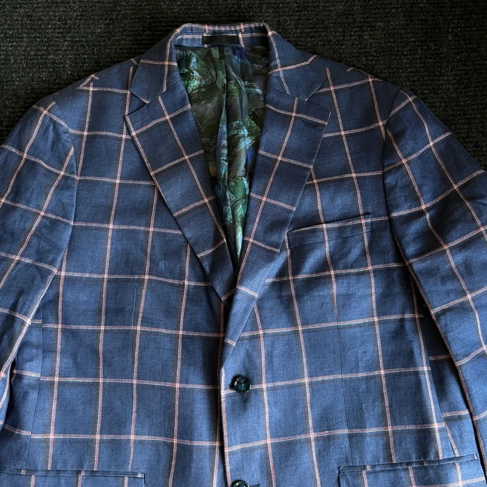 Tallia Mens 44R Blue Pink Windowpane Plaid 100% Linen Sport Coat Blazer Jacket